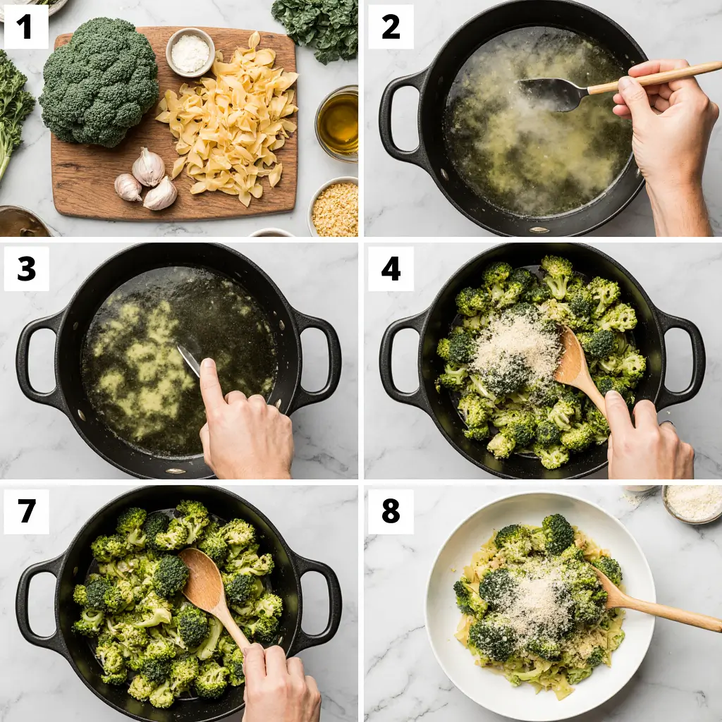Light broccoli pasta recipe in white bowl with fresh green broccoli florets, penne pasta, olive oil, Parmesan cheese and basil garnish on marble countertop