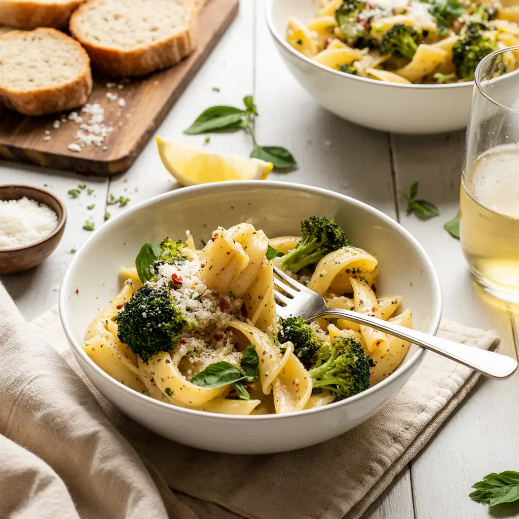 Light broccoli pasta recipe in white bowl with fresh green broccoli florets, penne pasta, olive oil, Parmesan cheese and basil garnish on marble countertop