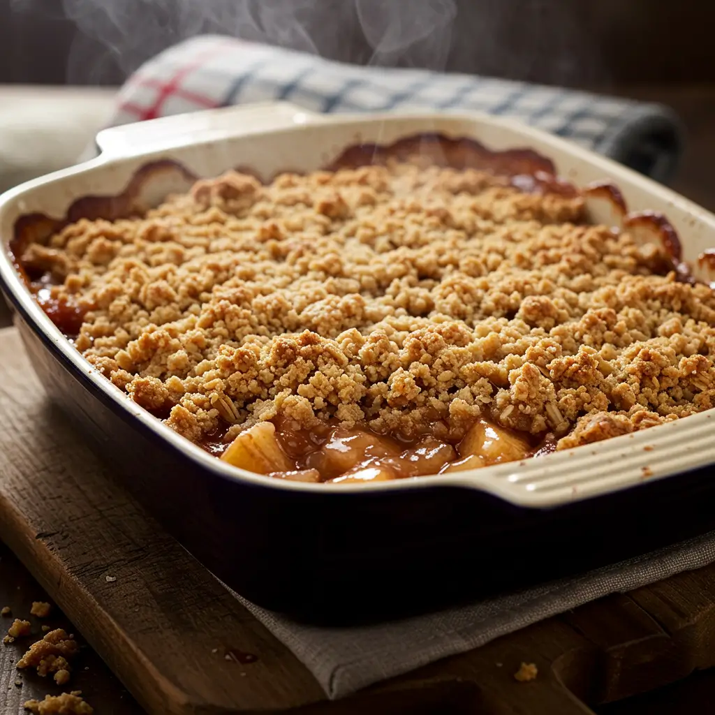 A warm serving of homemade apple crisp with a crunchy oat topping and melting vanilla ice cream in a rustic bowl.