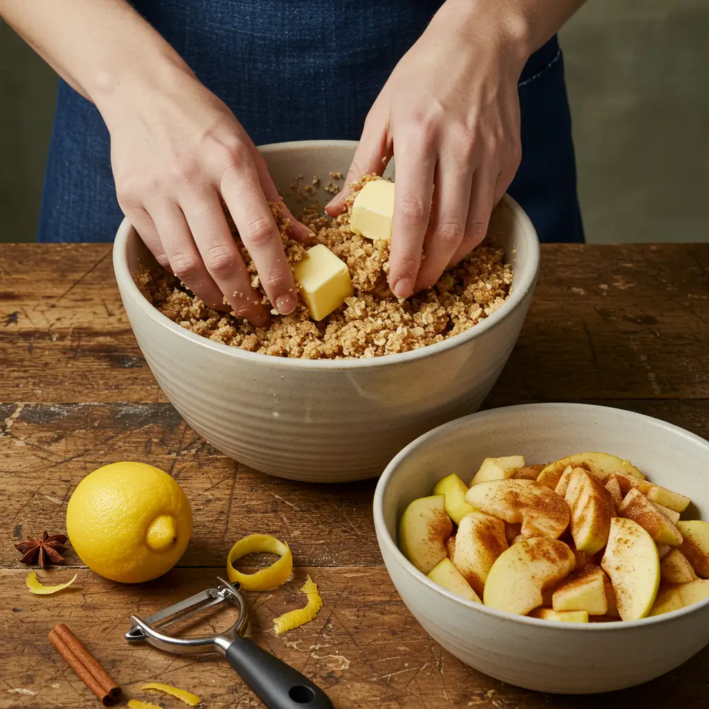 A warm serving of homemade apple crisp with a crunchy oat topping and melting vanilla ice cream in a rustic bowl.