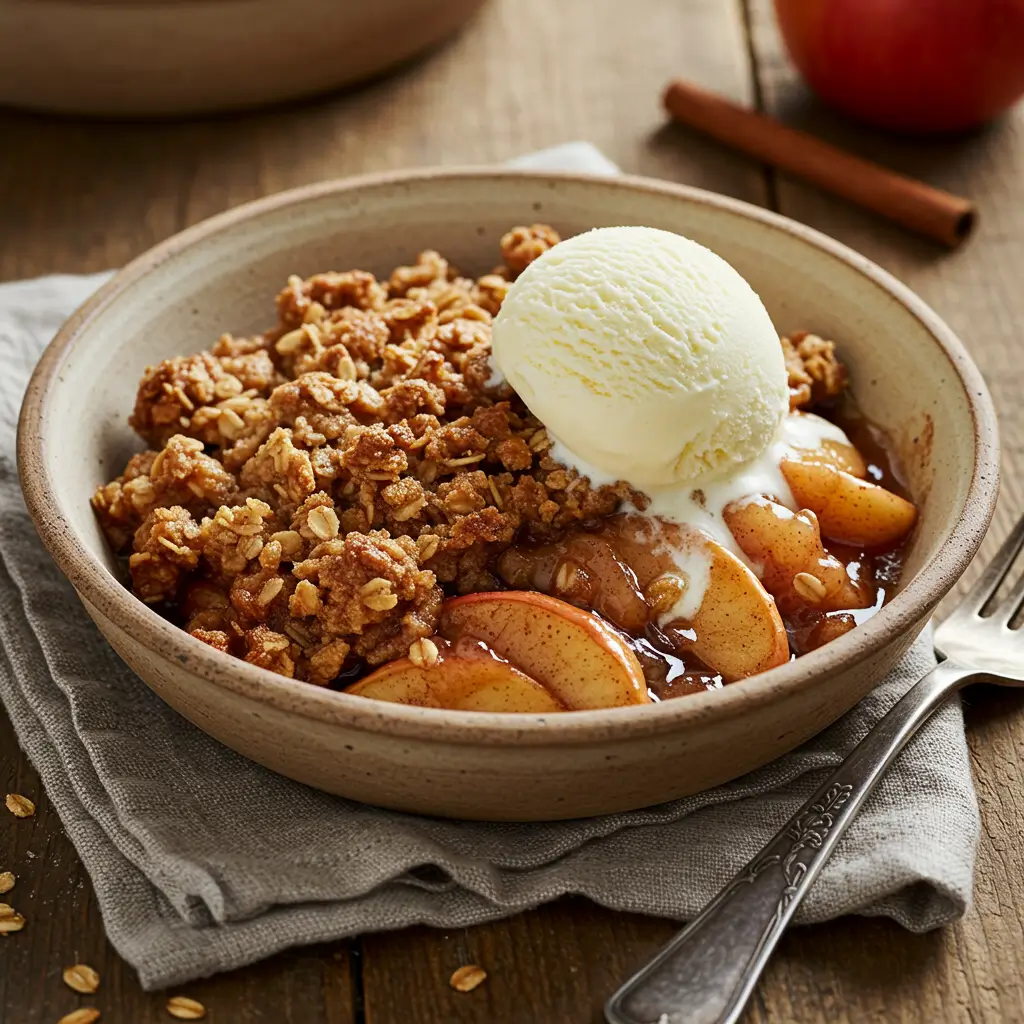A warm serving of homemade apple crisp with a crunchy oat topping and melting vanilla ice cream in a rustic bowl.