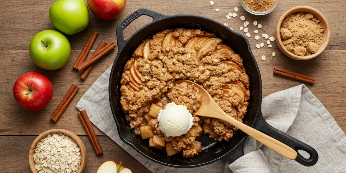 A warm serving of homemade apple crisp with a crunchy oat topping and melting vanilla ice cream in a rustic bowl.