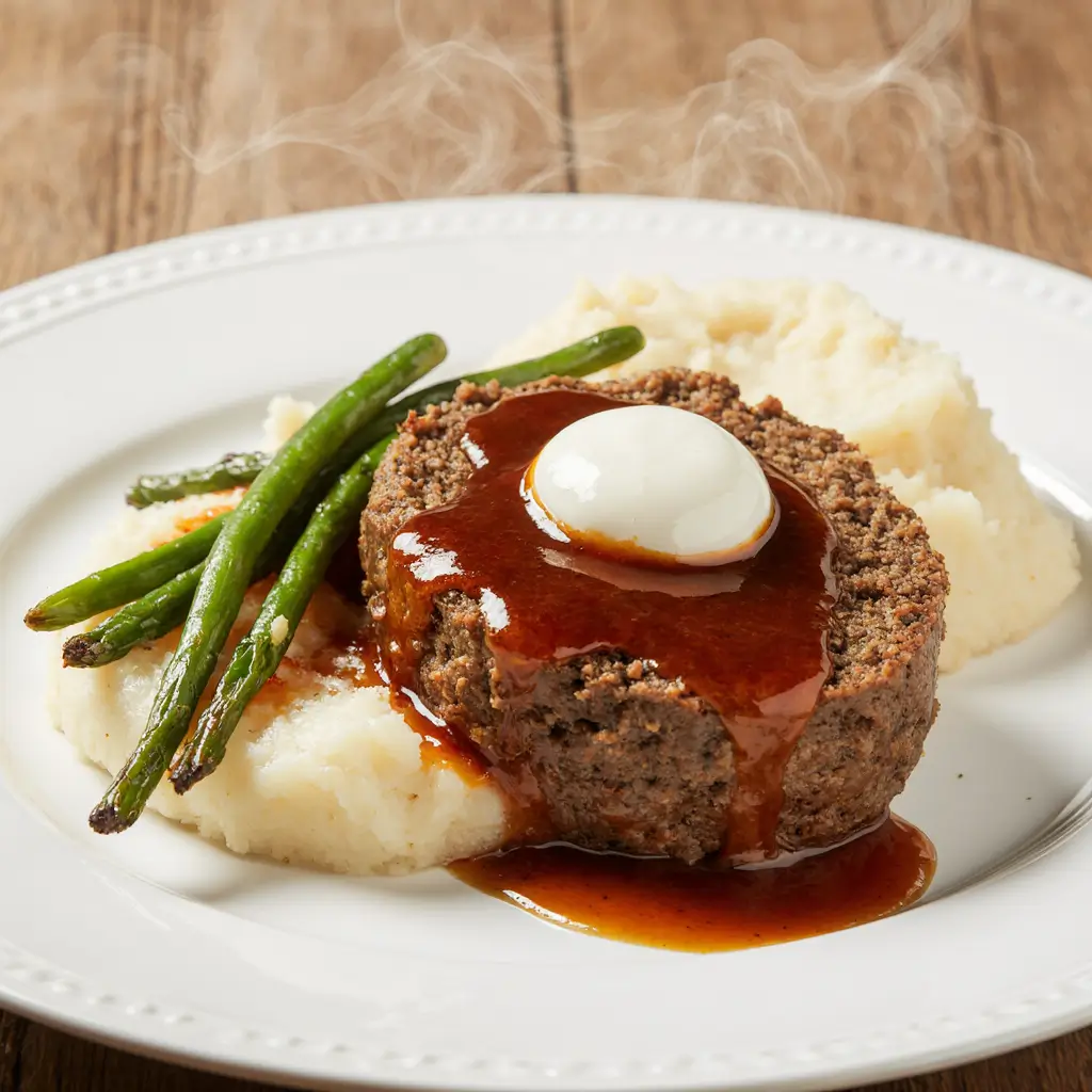 Classic meatloaf slice served with mashed potatoes and green beans on a white plate, topped with a shiny ketchup glaze.