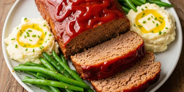 Classic meatloaf slice served with mashed potatoes and green beans on a white plate, topped with a shiny ketchup glaze.