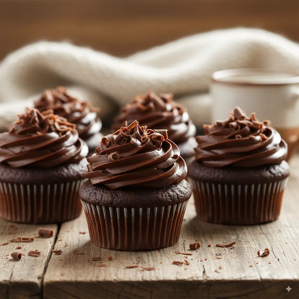 Freshly baked chocolate cupcakes topped with rich chocolate frosting and chocolate shavings, arranged on a rustic wooden table.