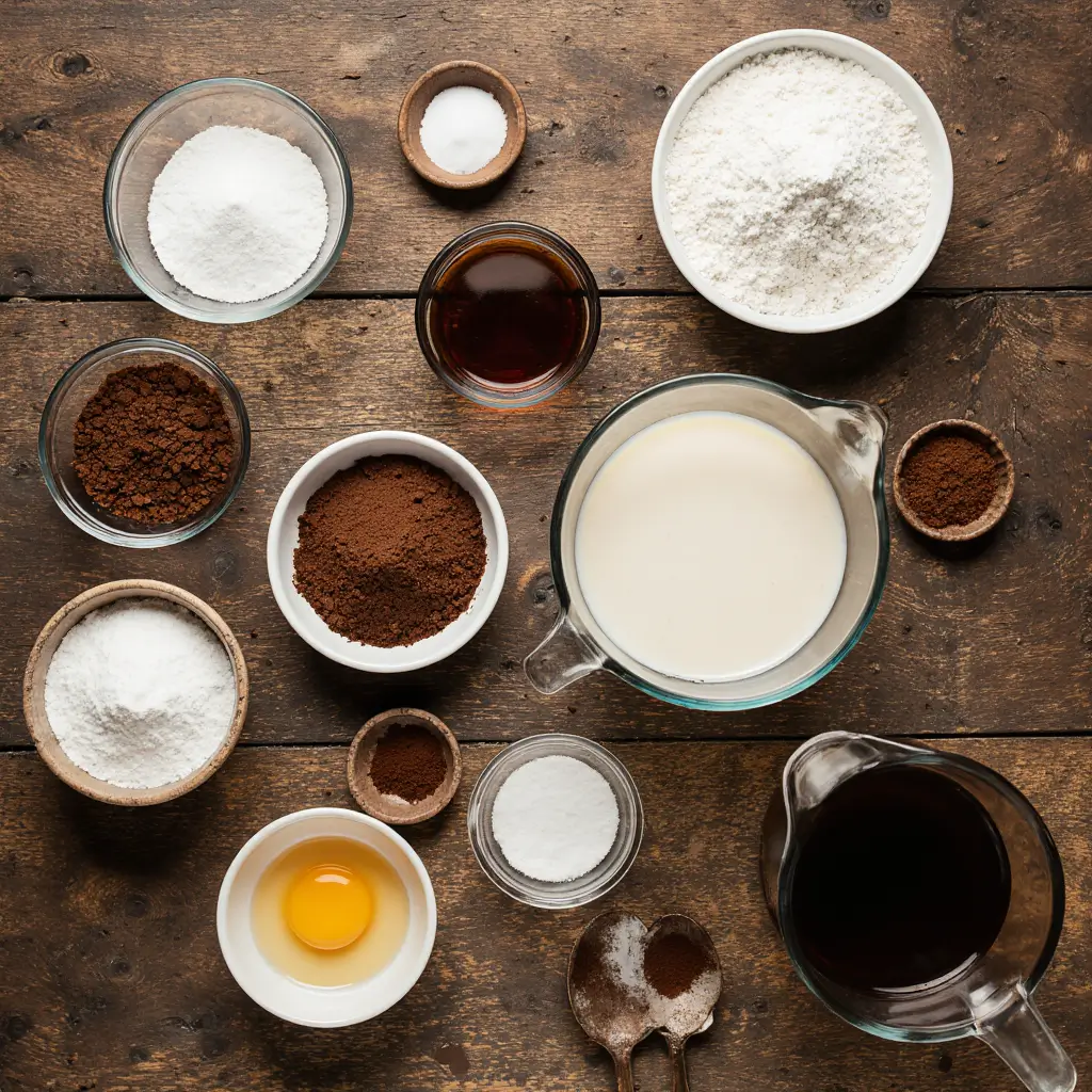 Freshly baked chocolate cupcakes topped with rich chocolate frosting and chocolate shavings, arranged on a rustic wooden table.