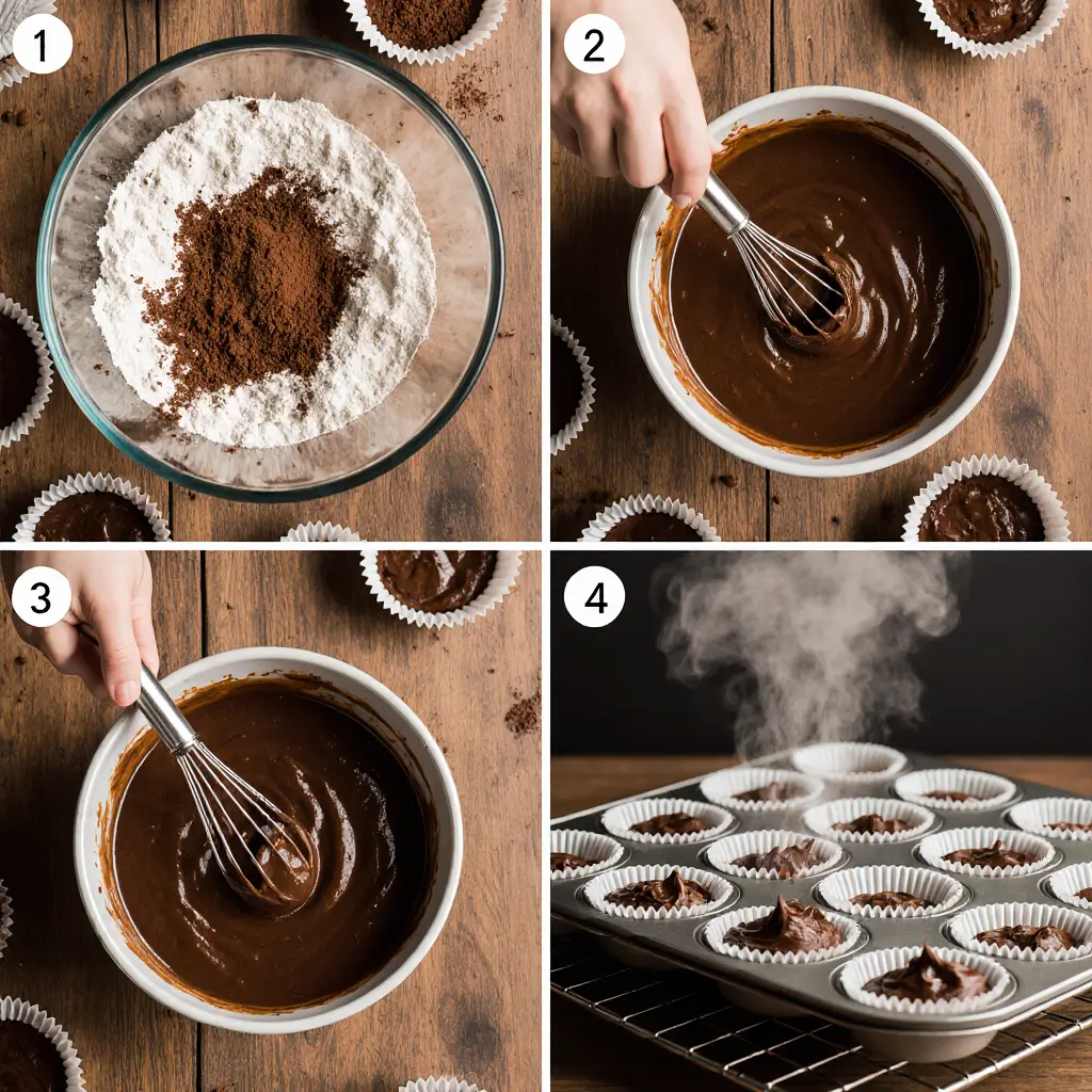 Freshly baked chocolate cupcakes topped with rich chocolate frosting and chocolate shavings, arranged on a rustic wooden table.