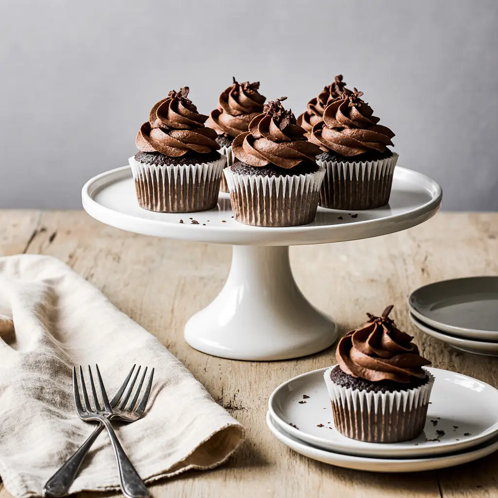 Freshly baked chocolate cupcakes topped with rich chocolate frosting and chocolate shavings, arranged on a rustic wooden table.