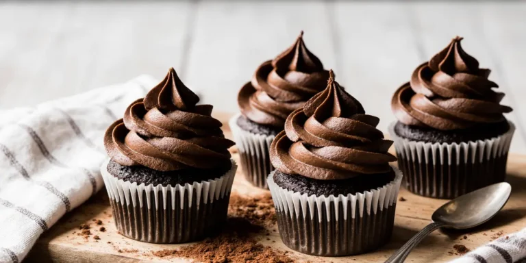 Freshly baked chocolate cupcakes topped with rich chocolate frosting and chocolate shavings, arranged on a rustic wooden table.
