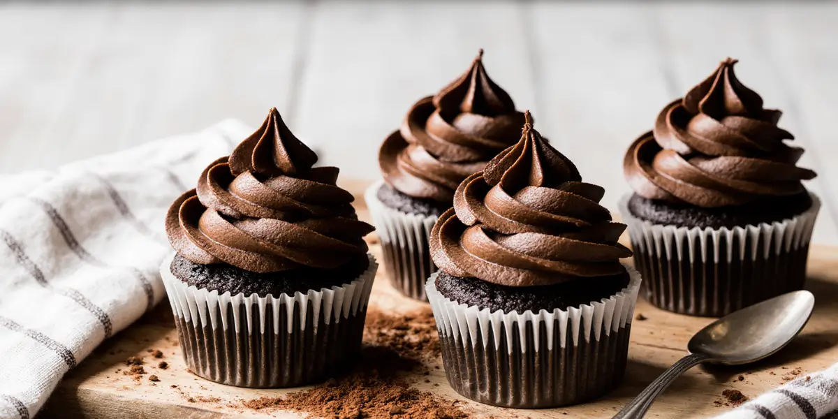 Freshly baked chocolate cupcakes topped with rich chocolate frosting and chocolate shavings, arranged on a rustic wooden table.