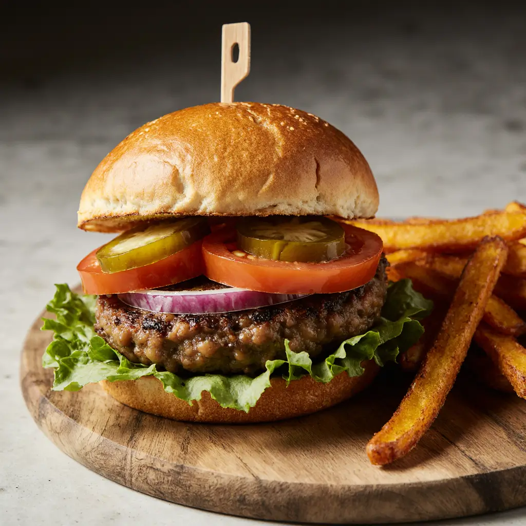 An Epic Black Bean Burger with lettuce, tomato, red onion, and pickles on a toasted bun, served alongside golden sweet potato fries on a wooden surface