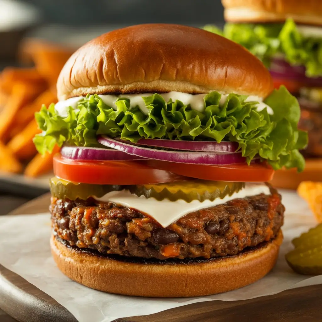 An Epic Black Bean Burger with lettuce, tomato, red onion, and pickles on a toasted bun, served alongside golden sweet potato fries on a wooden surface