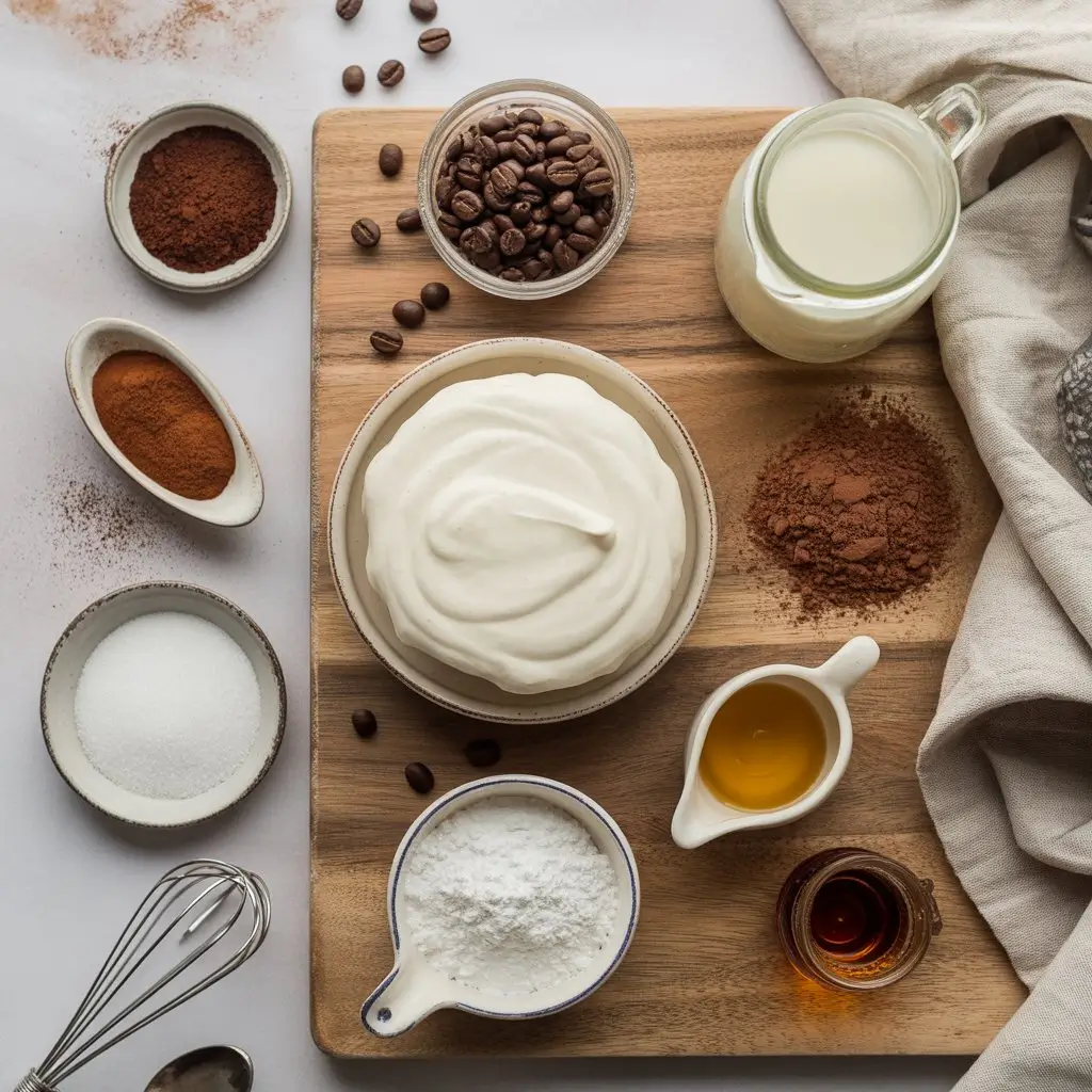 “Homemade espresso cream cake with chocolate layers and creamy espresso filling, topped with cocoa powder and chocolate shavings.”