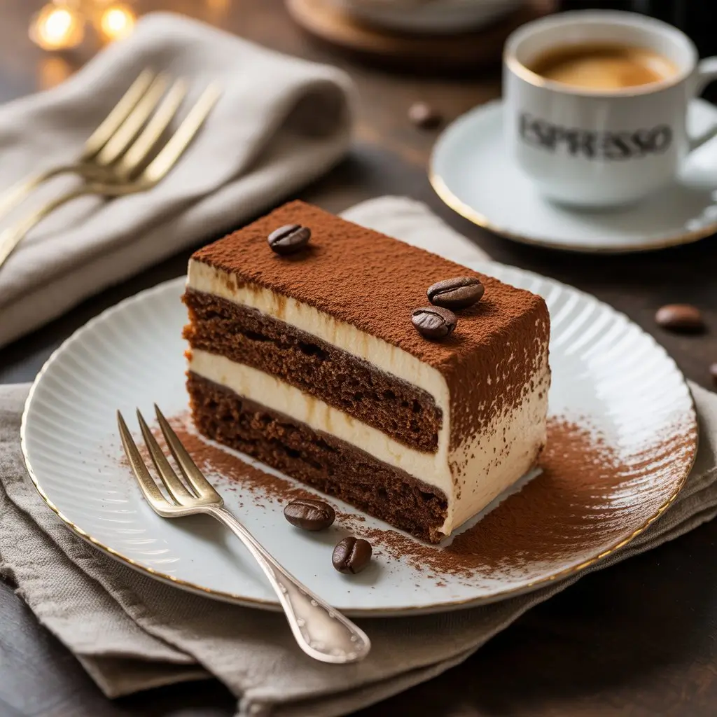 “Homemade espresso cream cake with chocolate layers and creamy espresso filling, topped with cocoa powder and chocolate shavings.”