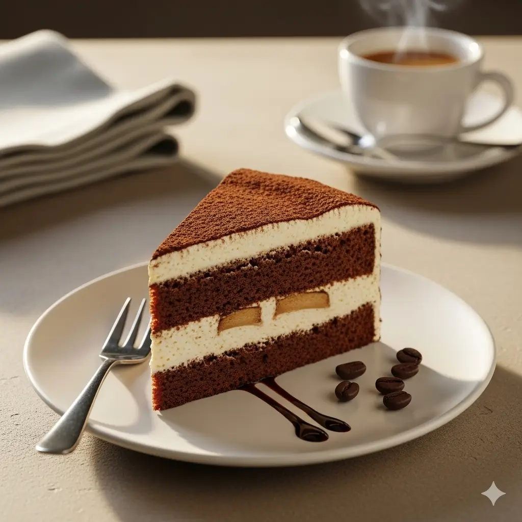 “Homemade espresso cream cake with chocolate layers and creamy espresso filling, topped with cocoa powder and chocolate shavings.”