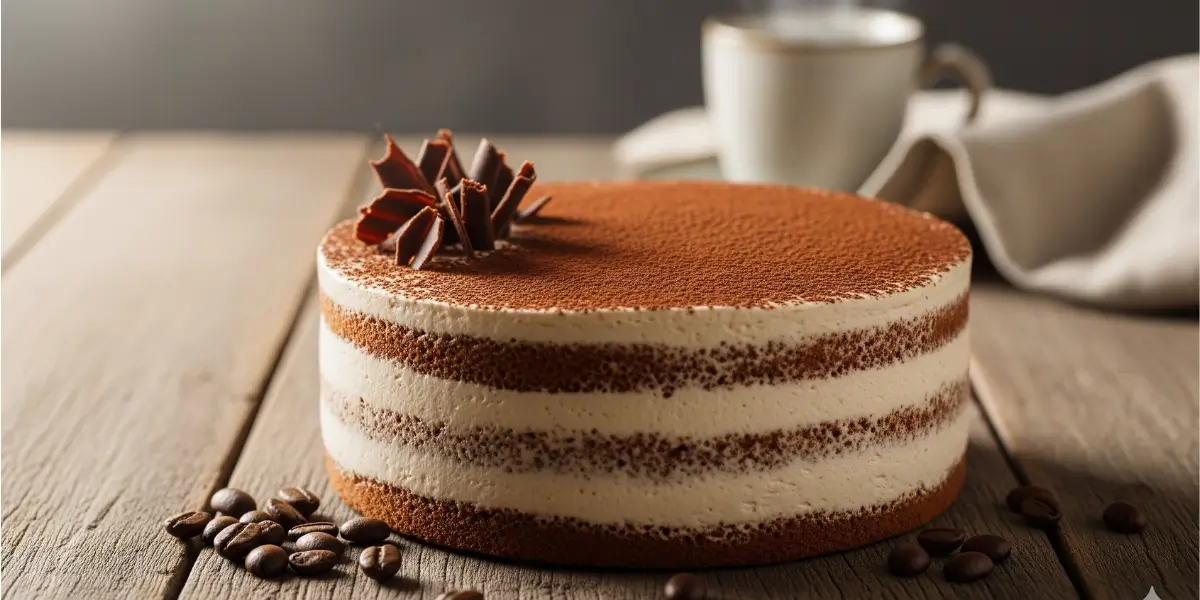 “Homemade espresso cream cake with chocolate layers and creamy espresso filling, topped with cocoa powder and chocolate shavings.”