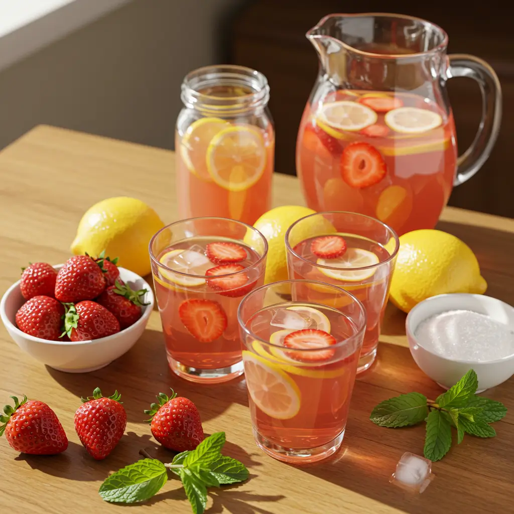 Glass of homemade strawberry lemonade with fresh strawberries and lemon slices, condensation on glass, pitcher of pink lemonade on rustic wooden table