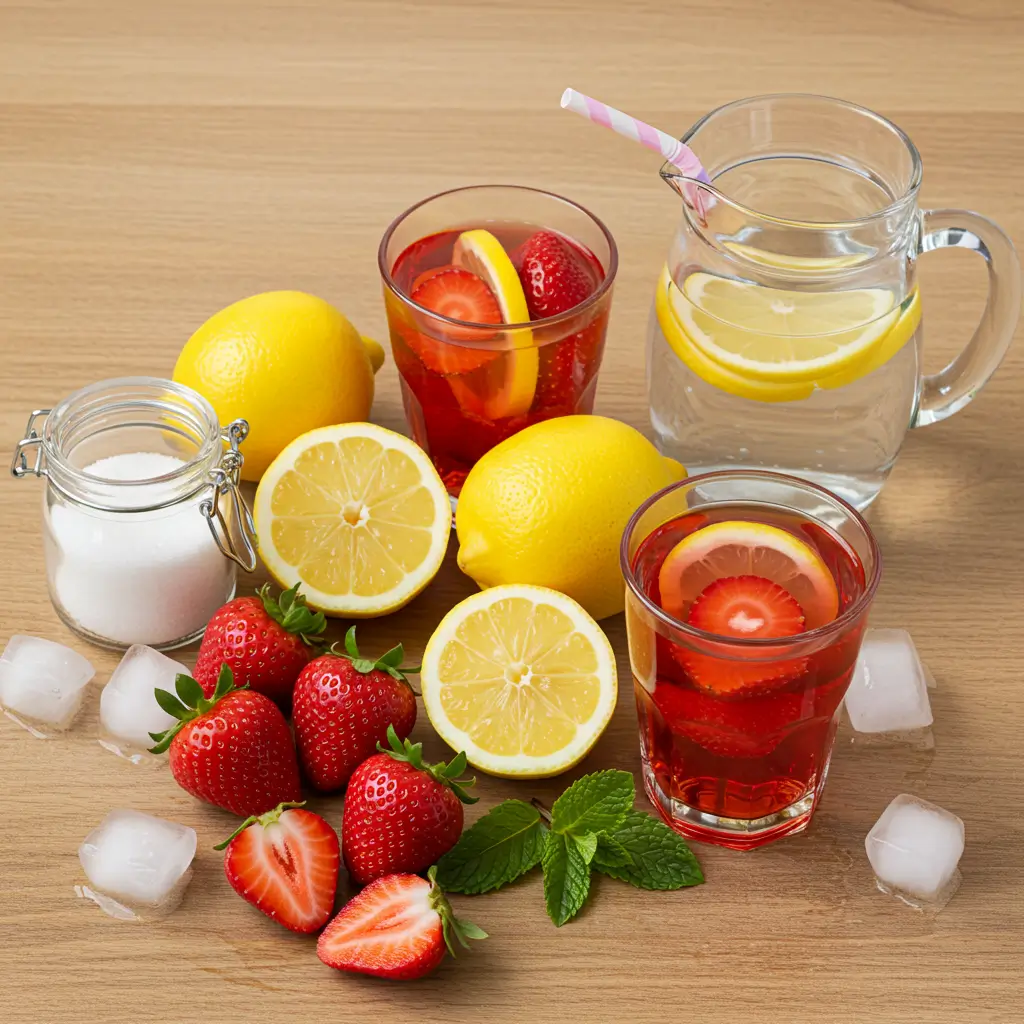 Glass of homemade strawberry lemonade with fresh strawberries and lemon slices, condensation on glass, pitcher of pink lemonade on rustic wooden table