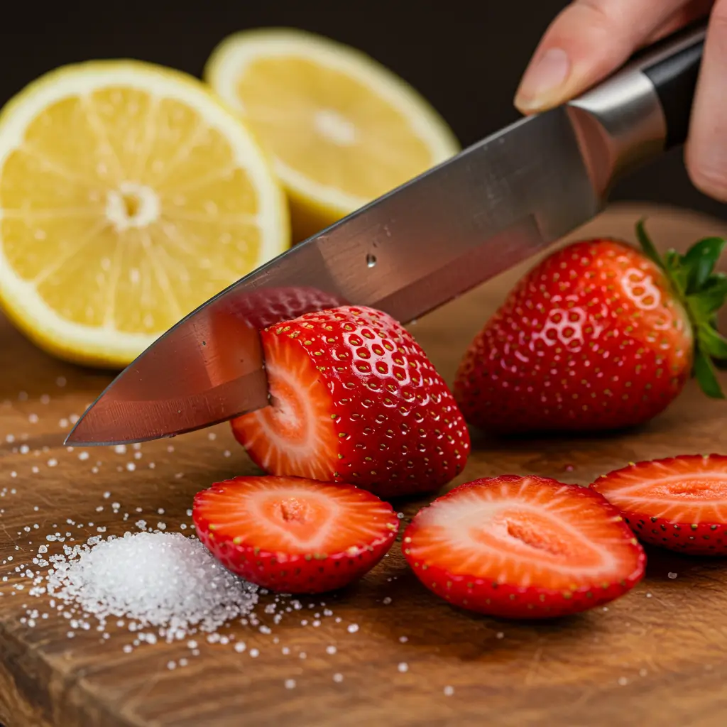 Glass of homemade strawberry lemonade with fresh strawberries and lemon slices, condensation on glass, pitcher of pink lemonade on rustic wooden table
