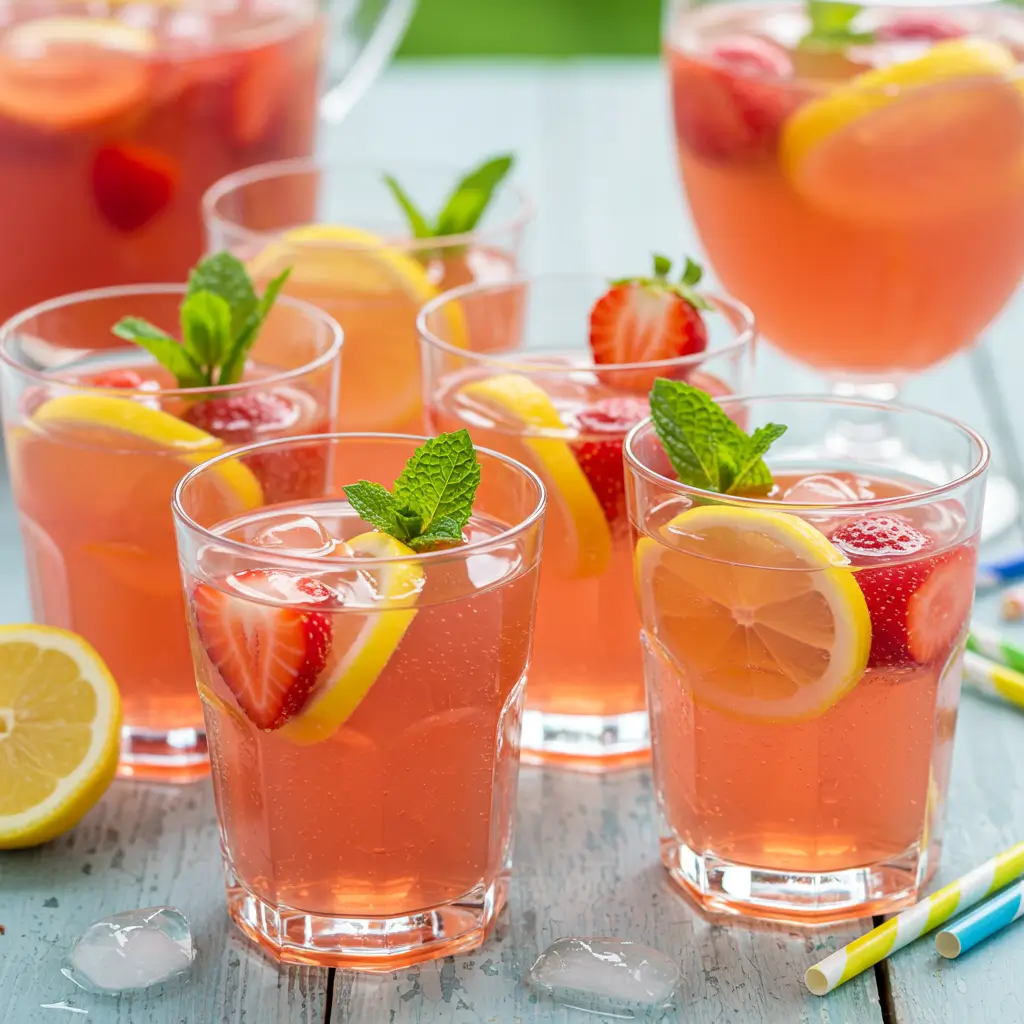 Glass of homemade strawberry lemonade with fresh strawberries and lemon slices, condensation on glass, pitcher of pink lemonade on rustic wooden table
