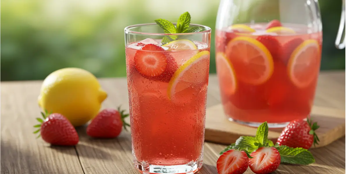 Glass of homemade strawberry lemonade with fresh strawberries and lemon slices, condensation on glass, pitcher of pink lemonade on rustic wooden table