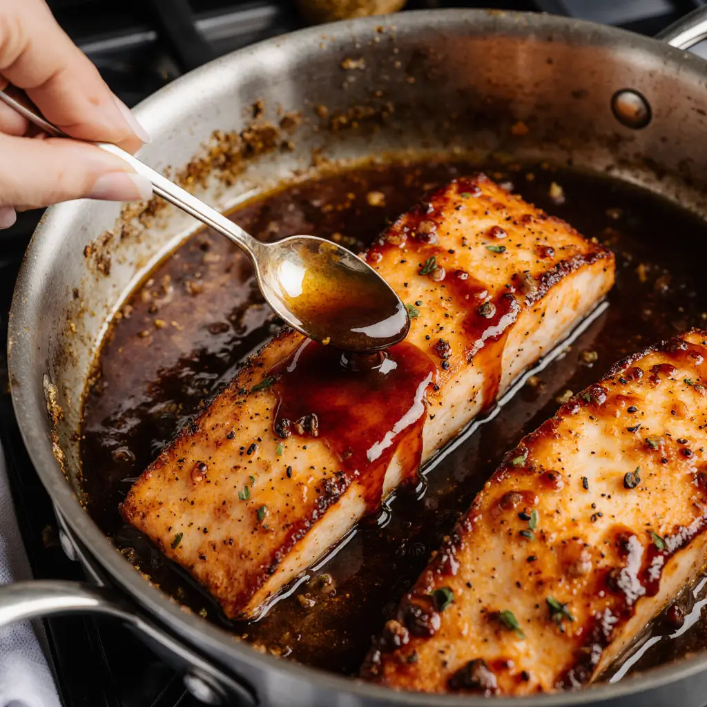 Perfectly cooked honey garlic glazed salmon fillet with golden caramelized glaze, garnished with green onions and sesame seeds on white plate