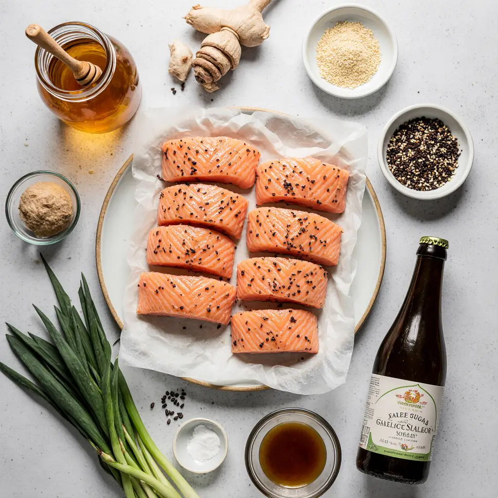 Perfectly cooked honey garlic glazed salmon fillet with golden caramelized glaze, garnished with green onions and sesame seeds on white plate