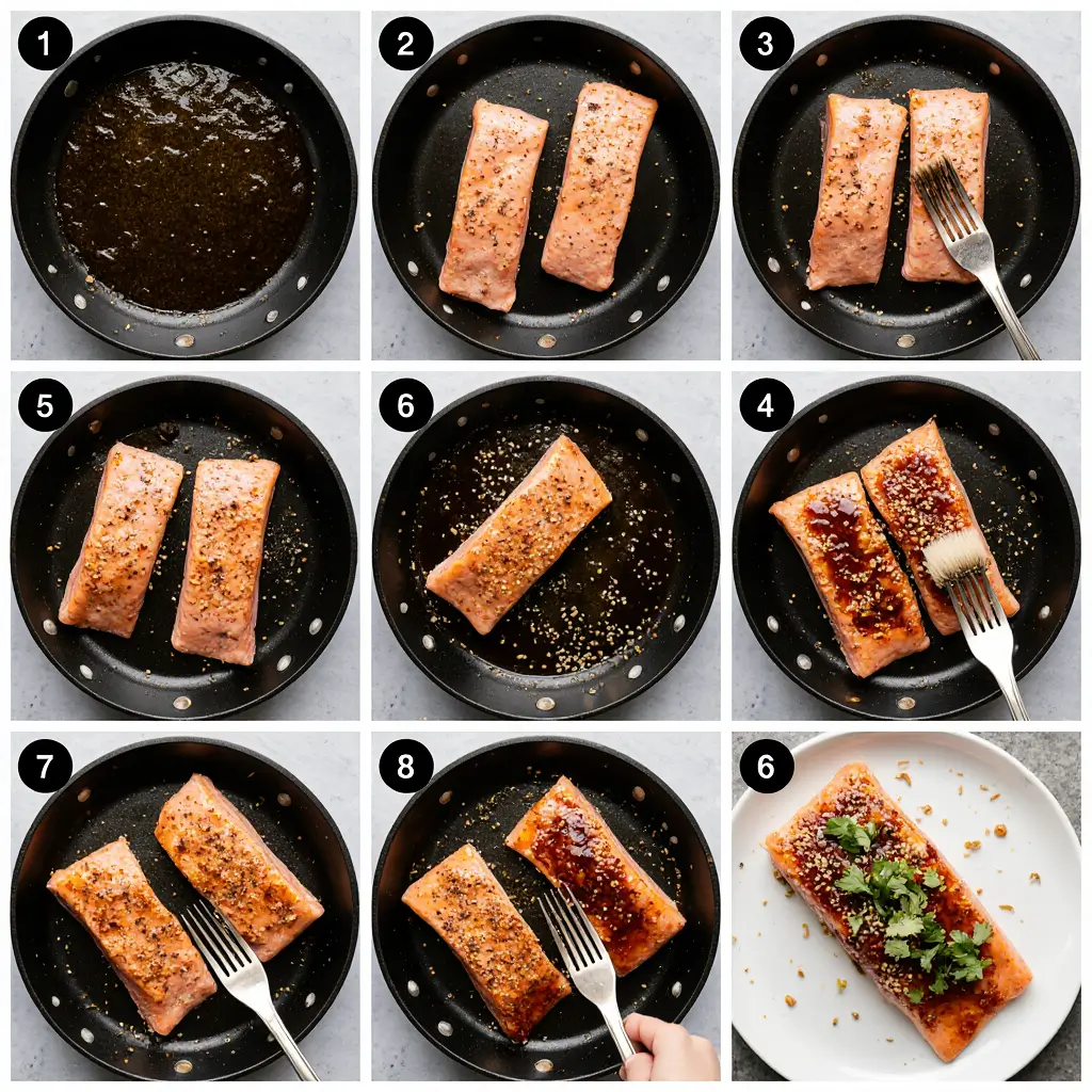 Perfectly cooked honey garlic glazed salmon fillet with golden caramelized glaze, garnished with green onions and sesame seeds on white plate