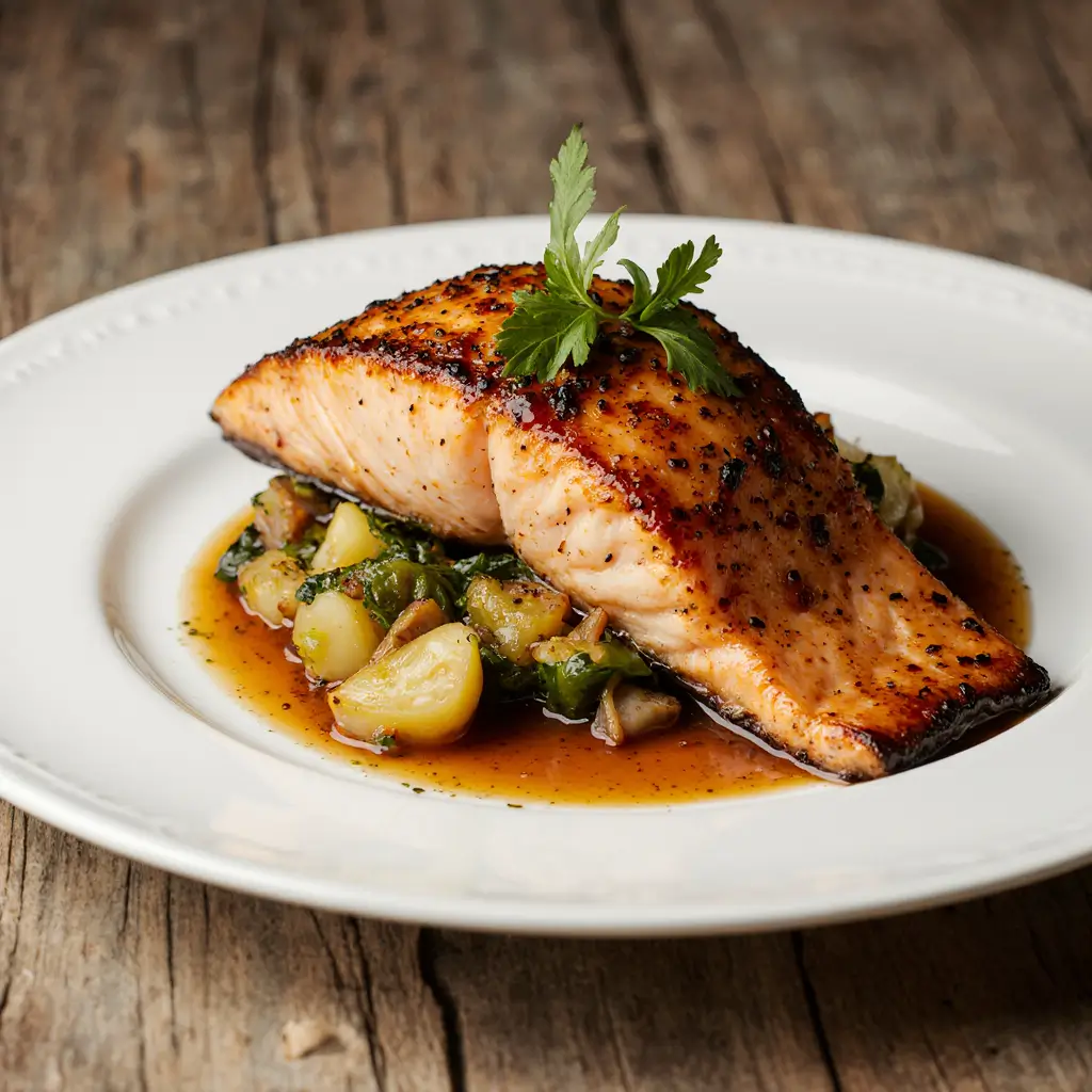 Perfectly cooked honey garlic glazed salmon fillet with golden caramelized glaze, garnished with green onions and sesame seeds on white plate