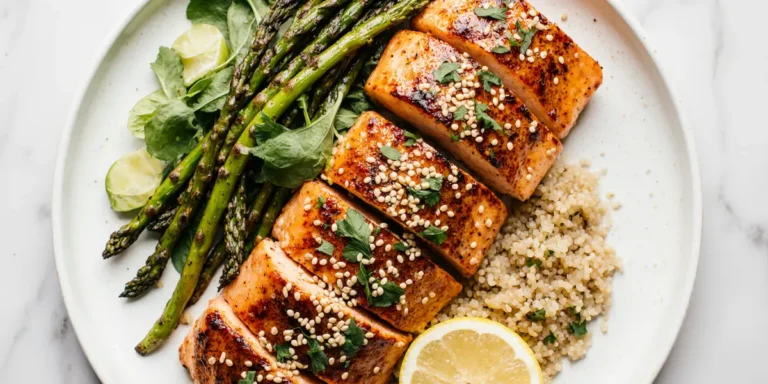 Perfectly cooked honey garlic glazed salmon fillet with golden caramelized glaze, garnished with green onions and sesame seeds on white plate