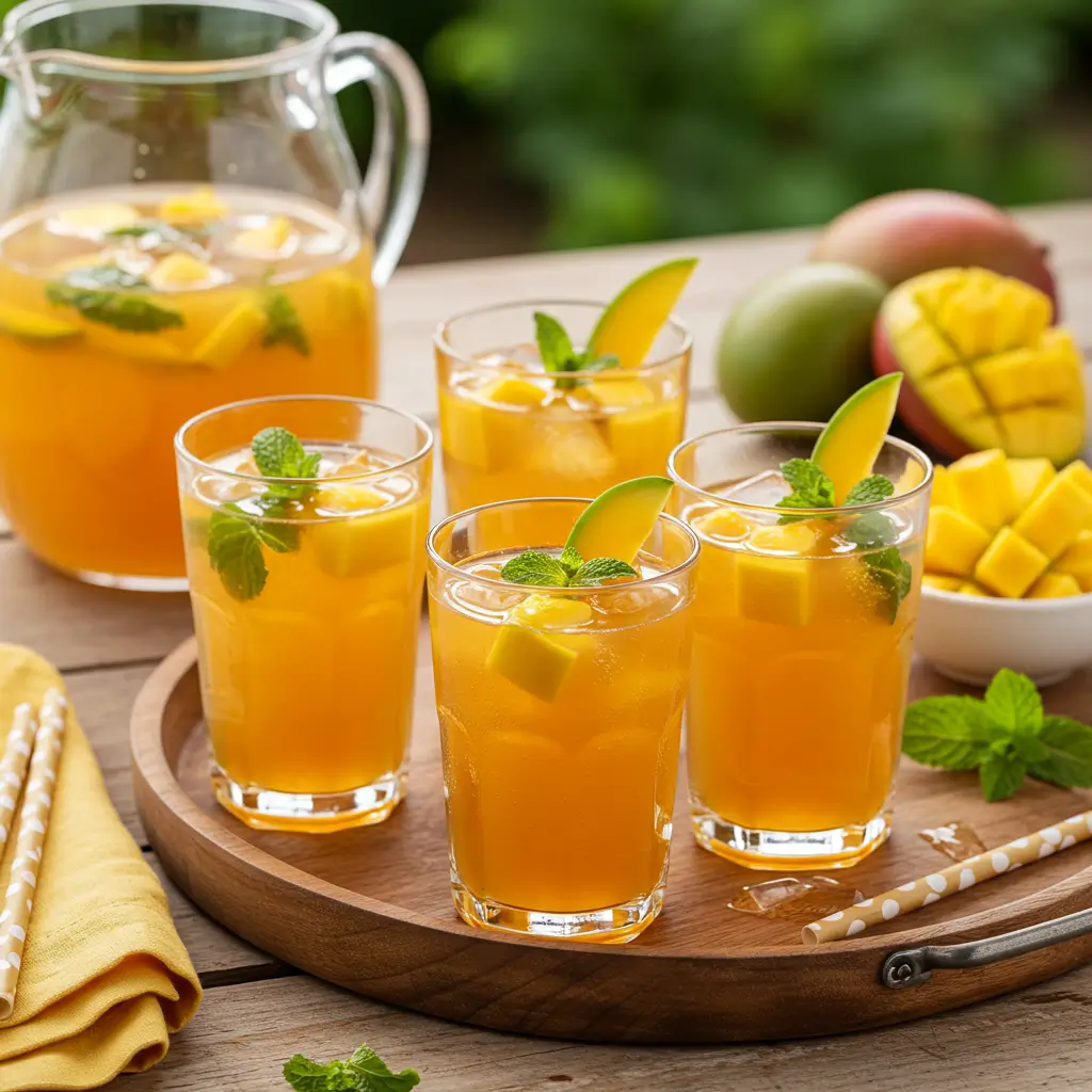 Pitcher of fresh mango iced tea with sliced mangoes next to two full glasses