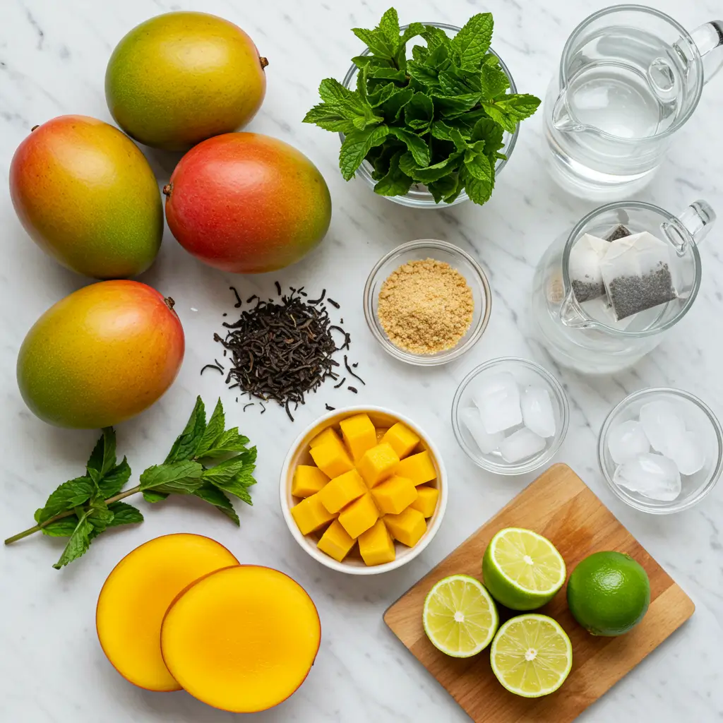 Ingredients for homemade mango iced tea: fresh mangoes, tea bags, lemon, and sugar