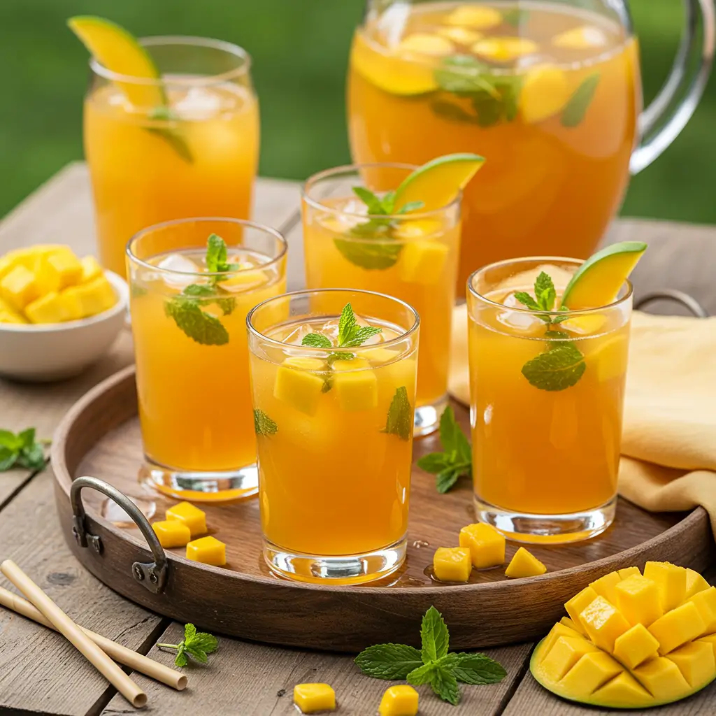 A tall glass of homemade mango iced tea with a slice of lemon on the rim