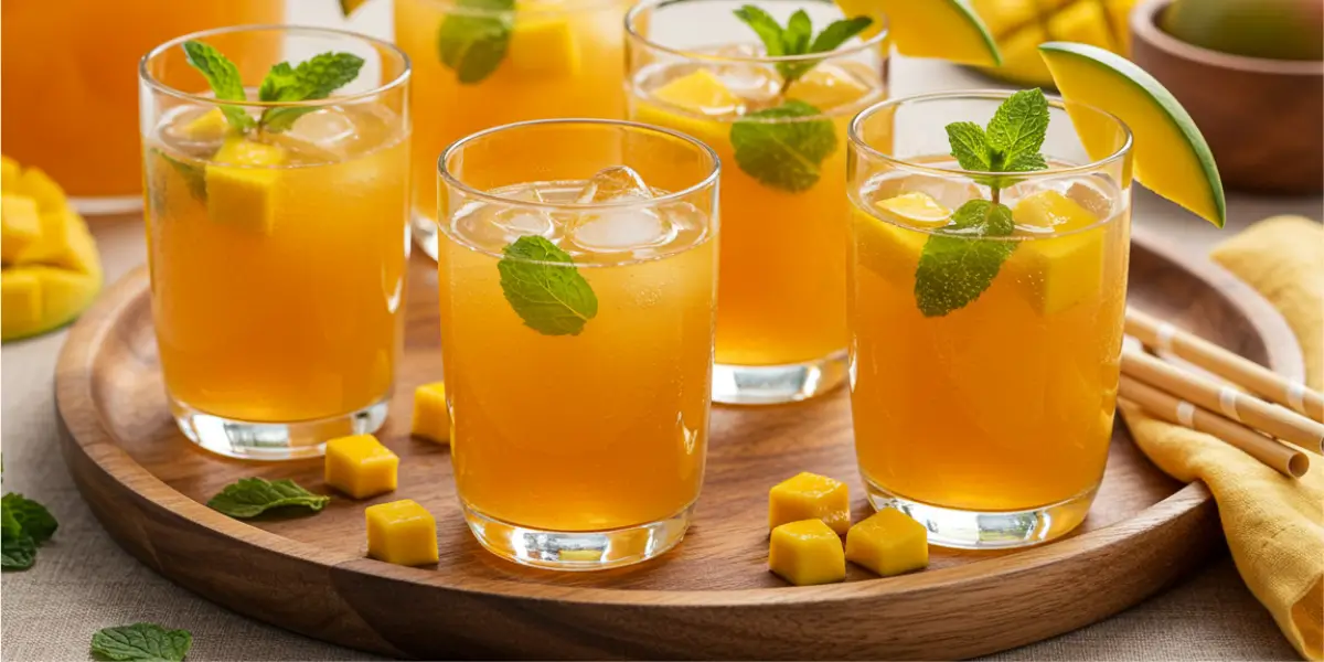 Glass of homemade mango iced tea with fresh mango slices and mint on a wooden table
