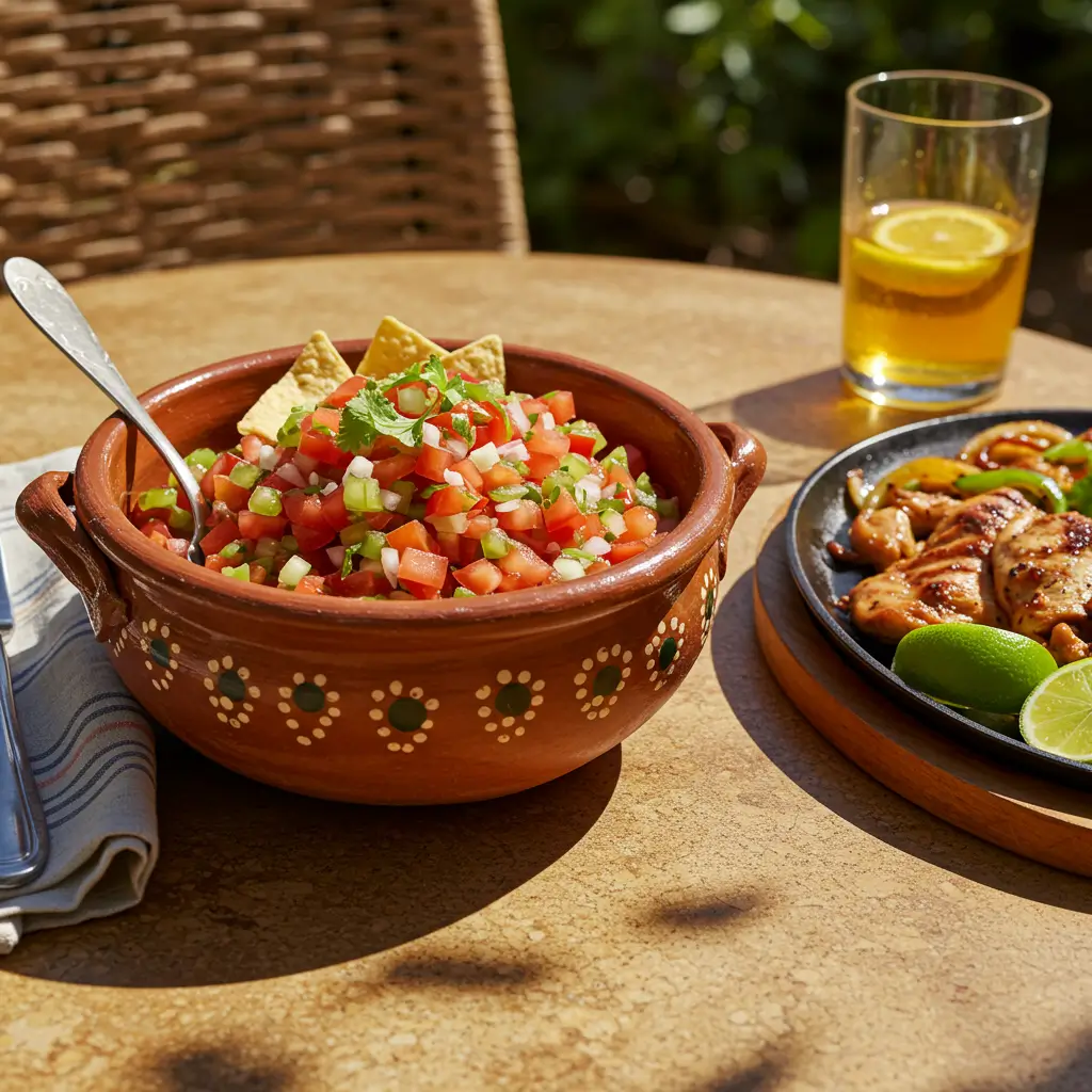 A vibrant bowl of fresh, homemade Pico de Gallo salsa with diced tomatoes, onions, and cilantro, next to tortilla chips.