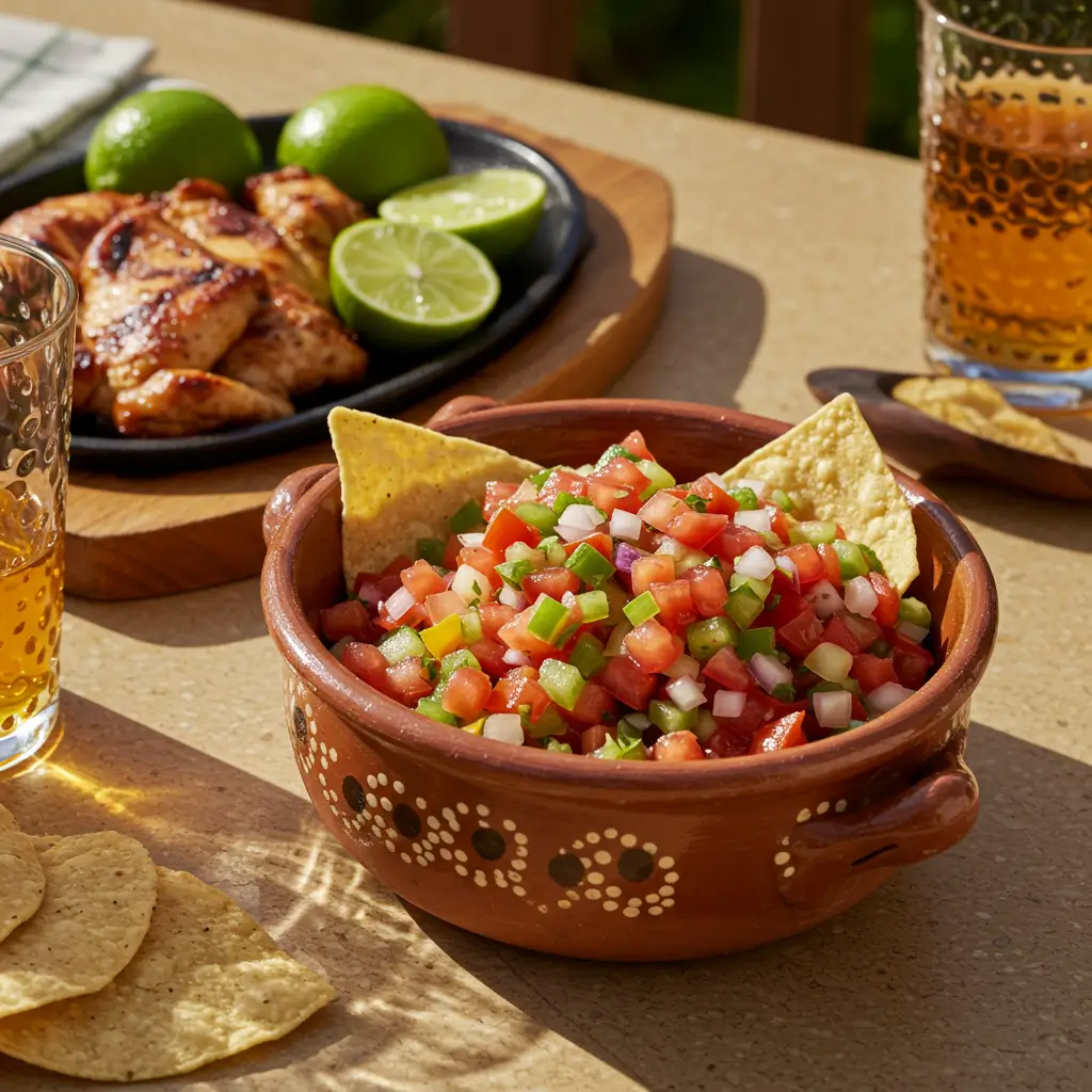 Freshly made Pico de Gallo salsa in a rustic bowl, featuring diced tomatoes, onions, cilantro, and lime wedges on a wooden table.
