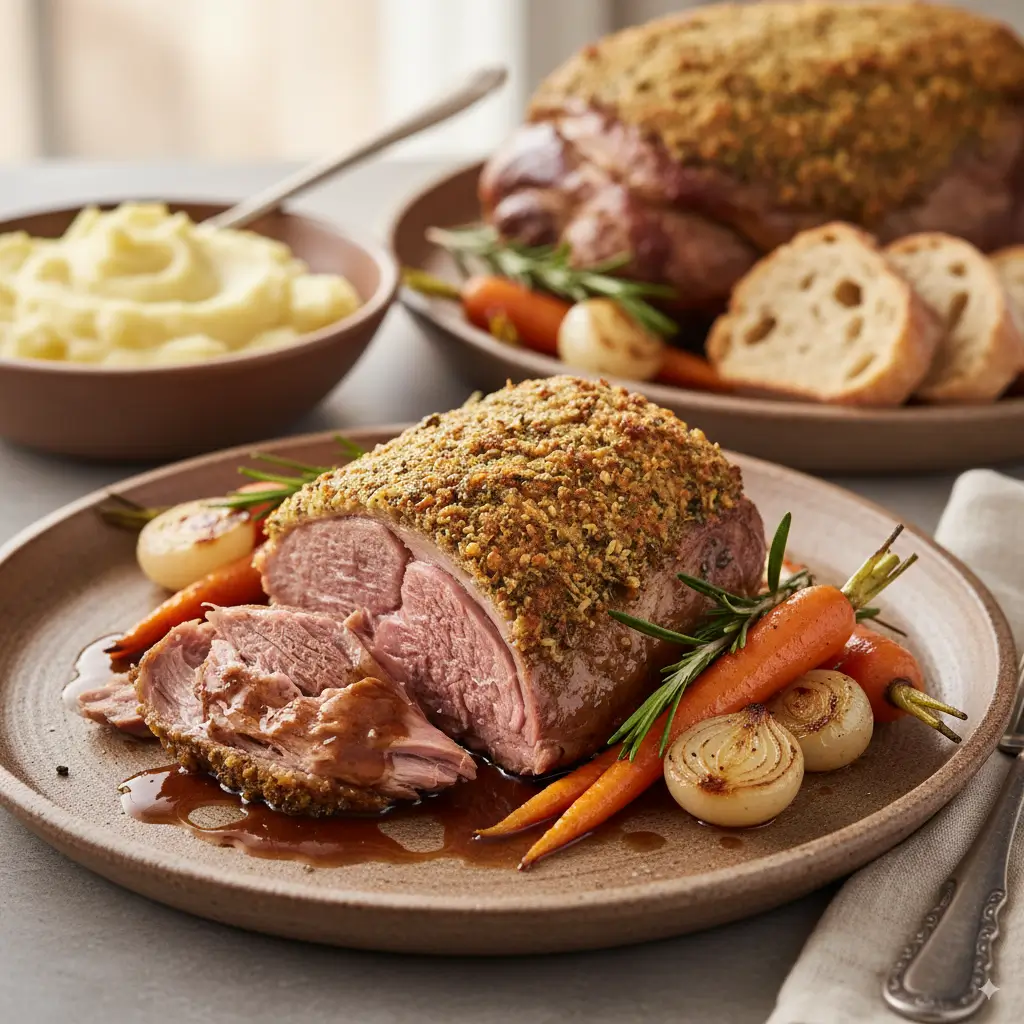 Raw ingredients for a slow-roasted lamb recipe, including a bone-in lamb shoulder, fresh rosemary, garlic, lemon, and olive oil, arranged on a dark surface.