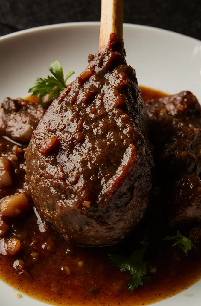 Raw ingredients for a slow-roasted lamb recipe, including a bone-in lamb shoulder, fresh rosemary, garlic, lemon, and olive oil, arranged on a dark surface.