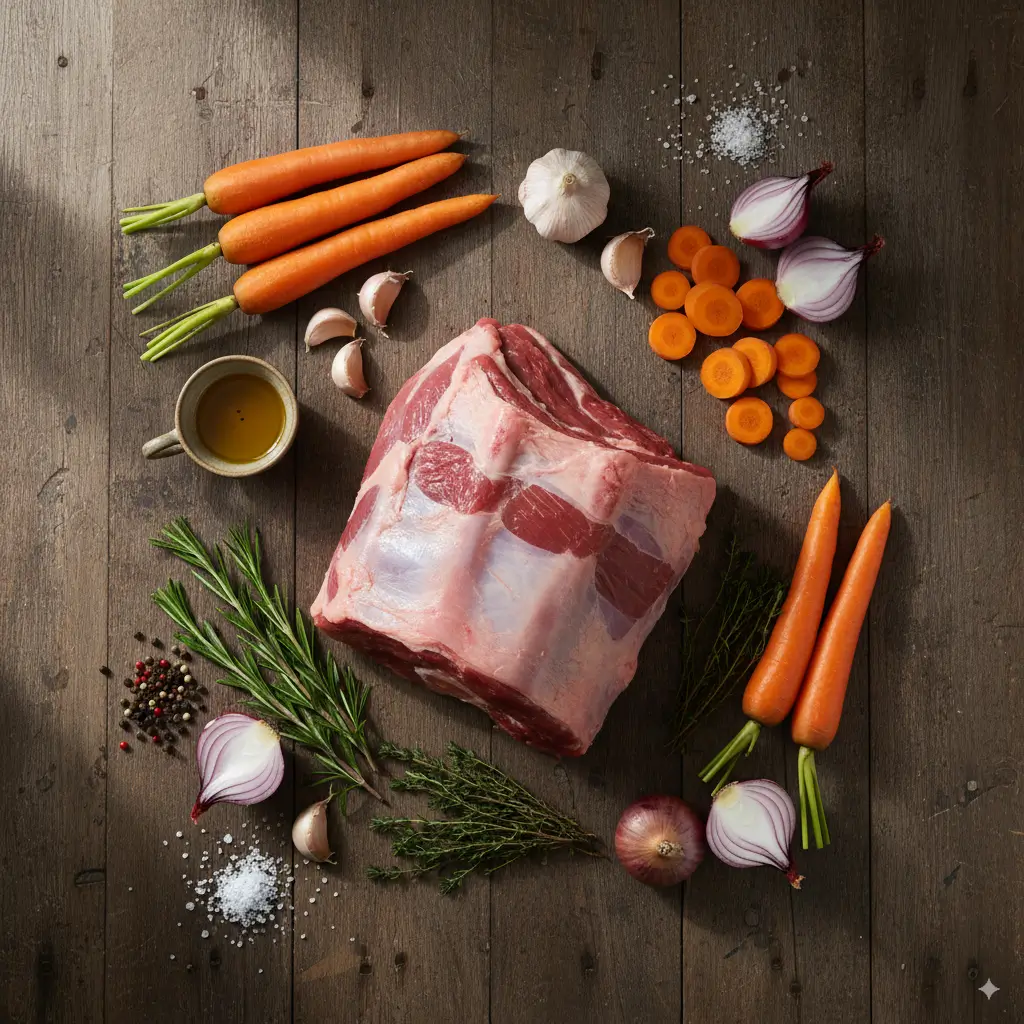 Raw ingredients for a slow-roasted lamb recipe, including a bone-in lamb shoulder, fresh rosemary, garlic, lemon, and olive oil, arranged on a dark surface.