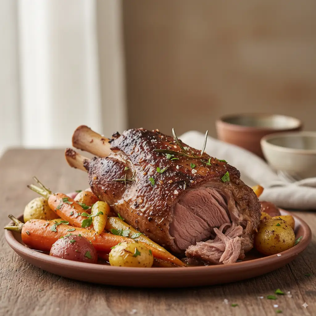 Raw ingredients for a slow-roasted lamb recipe, including a bone-in lamb shoulder, fresh rosemary, garlic, lemon, and olive oil, arranged on a dark surface.