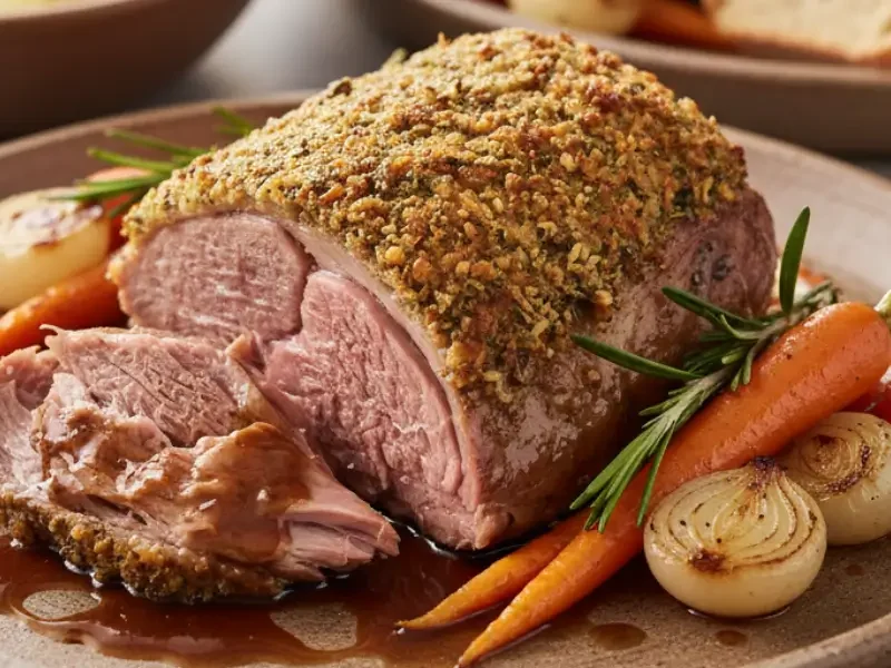Raw ingredients for a slow-roasted lamb recipe, including a bone-in lamb shoulder, fresh rosemary, garlic, lemon, and olive oil, arranged on a dark surface.