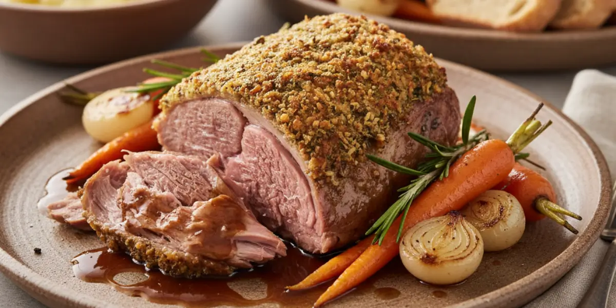Raw ingredients for a slow-roasted lamb recipe, including a bone-in lamb shoulder, fresh rosemary, garlic, lemon, and olive oil, arranged on a dark surface.