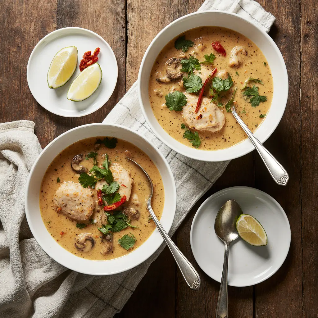 "Top-down view of a bowl of Thai chicken soup with creamy coconut broth, chicken slices, mushrooms, red chili, cilantro, and a lime wedge on a rustic wooden table"