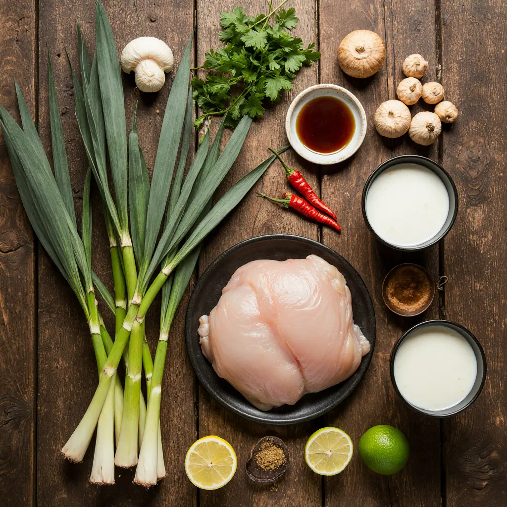 "Top-down view of a bowl of Thai chicken soup with creamy coconut broth, chicken slices, mushrooms, red chili, cilantro, and a lime wedge on a rustic wooden table"