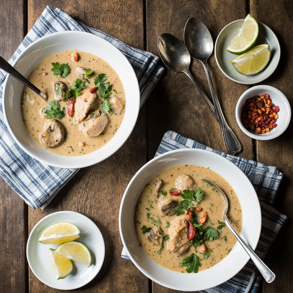 "Top-down view of a bowl of Thai chicken soup with creamy coconut broth, chicken slices, mushrooms, red chili, cilantro, and a lime wedge on a rustic wooden table"