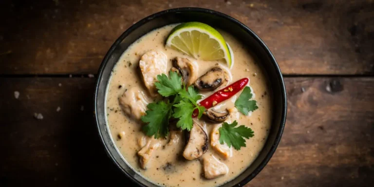 "Top-down view of a bowl of Thai chicken soup with creamy coconut broth, chicken slices, mushrooms, red chili, cilantro, and a lime wedge on a rustic wooden table"