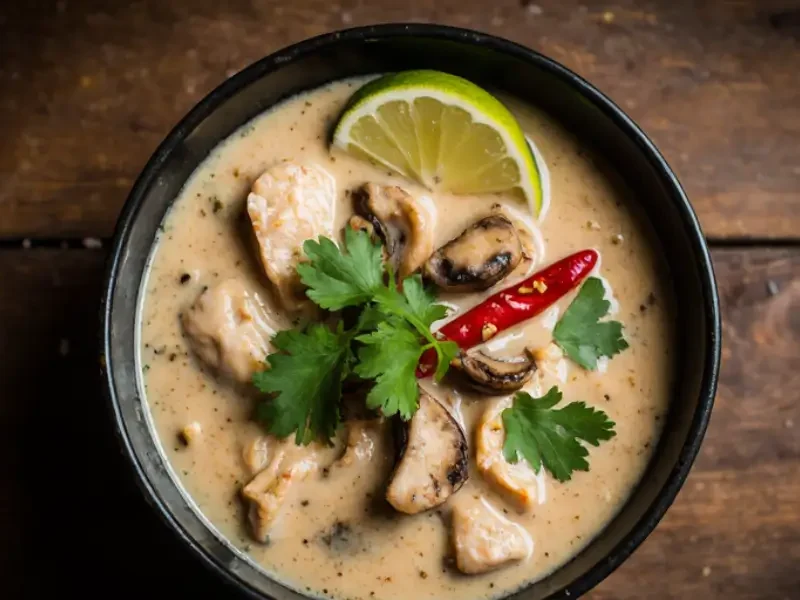 "Top-down view of a bowl of Thai chicken soup with creamy coconut broth, chicken slices, mushrooms, red chili, cilantro, and a lime wedge on a rustic wooden table"