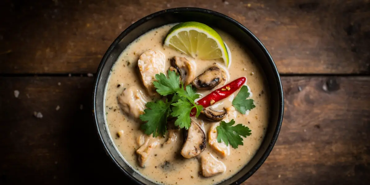 "Top-down view of a bowl of Thai chicken soup with creamy coconut broth, chicken slices, mushrooms, red chili, cilantro, and a lime wedge on a rustic wooden table"