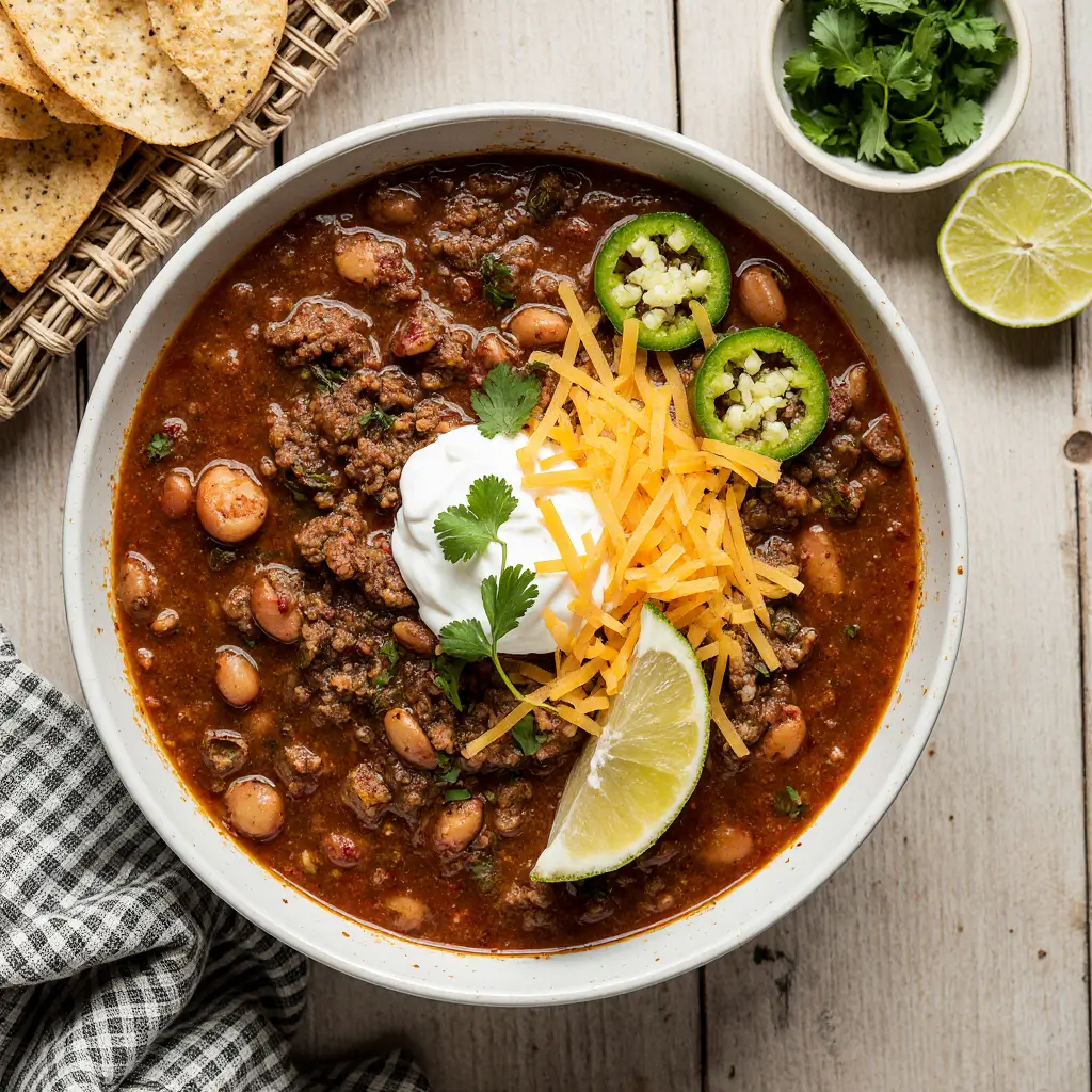 Bowl of hearty chili with beans, ground meat, tomatoes, and spices, garnished with fresh herbs