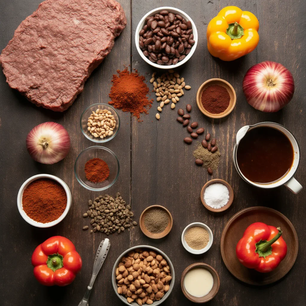 Bowl of hearty chili with beans, ground meat, tomatoes, and spices, garnished with fresh herbs